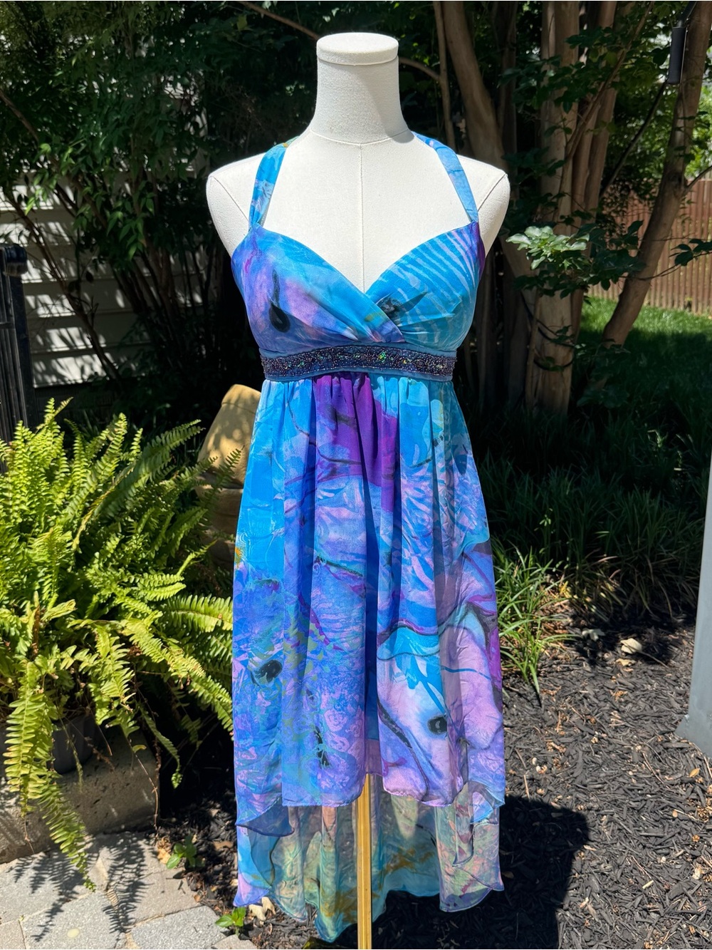 Vintage Jump Blue and Purple Halter High-Low Dress